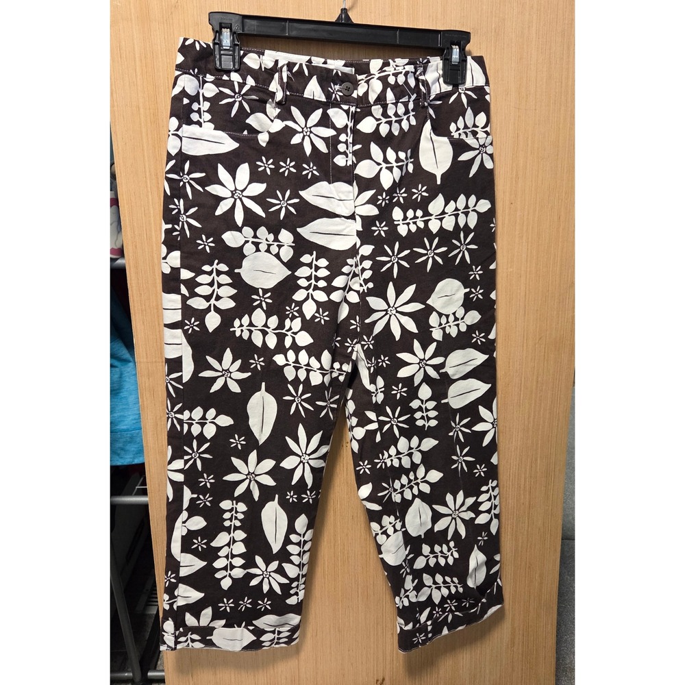 Talbots Size 10 Ladies Floral Print Capri Pant White Choc.Brown Cotton‎ Stretch